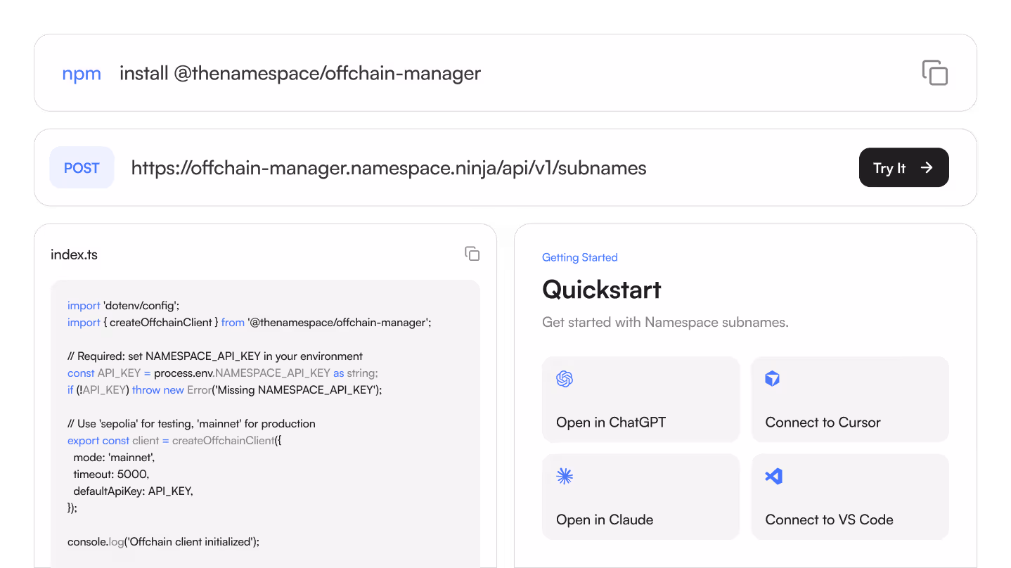 Namespace ENS SDK API for subname / subdomain registration.